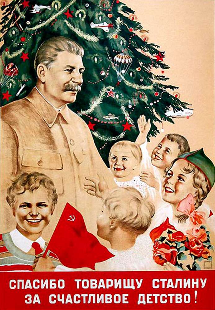 "Dziękujemy towarzyszu Stalinie za szczęśliwe dzieciństwo" Plakat Niny Watoliny, Nikołaja Dienisowa, Władimira Prawdina i Zoi Ryłowej-Prawdiny z 1938 roku. 