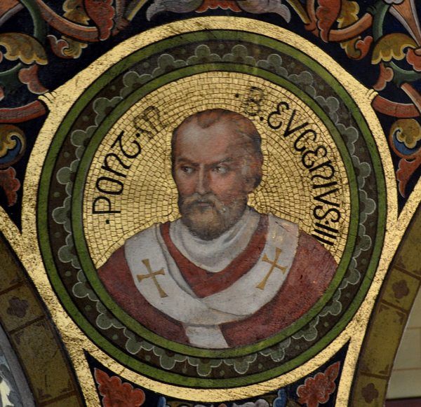 Papież Eugeniusz III chciał ułatwić pozyskiwanie funduszy na krucjaty. Efektem ubocznym było częściowe uwolnienie średniowiecznego rynku nieruchomości. Mozaika przedstawiająca papieża w klasztorze w Bregencji (fot. Andreas Praefcke, domena publiczna).