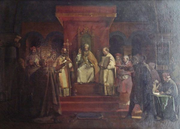 Tak zatwierdzenie oficjalnej reguły templariuszy na synodzie w Troyes wyobrażał sobie w 1840 roku malarz François Marius Granet (domena publiczna).