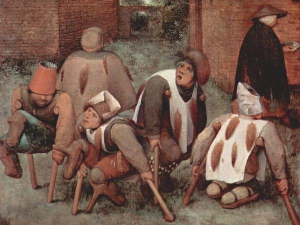 W średniowieczu i nowożytności niepełnosprawnych traktowano jak źródło niekończącej się rozrywki... Obraz Pietera Bruegela starszego "Kalecy" z 1569 roku (domena publiczna).
