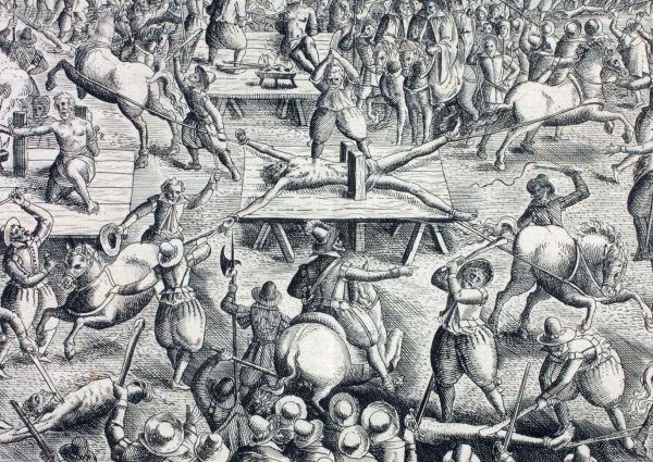 XVII-wieczna ilustracja przedstawiająca ćwiartowanie skazańca przy użyciu czterech koni (domena publiczna).