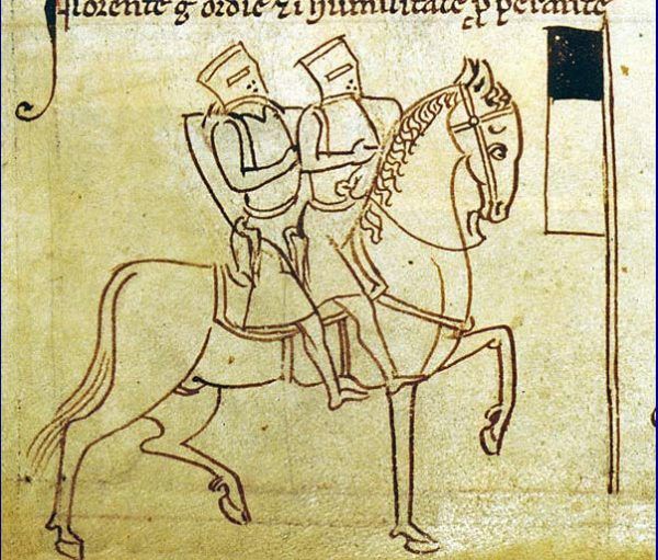 Do rangi symbolu zakonu urosło przedstawienie dwóch rycerzy na jednym koniu. Wiele wskazuje, że nie tyle miało ono obrazować ubóstwo braci, co... wzajemną kontrolę podczas podróży (Matthew Paris, "Chronica Majora", domena publiczna).