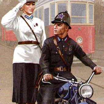 Enkawudzista na motocyklu i milicjantka. Znaczek pocztowy z 2013 roku. Mundury narysowano według wzorów z 1934 roku. Enkawudzista na motocyklu i milicjantka. Znaczek pocztowy z 2013 roku. Mundury narysowano według wzorów z 1934 roku.