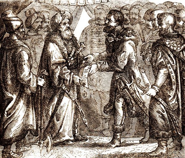 Po powrocie Izabeli Jagiellonki do Siedmiogrodu Stefan Batory stał się wiernym stronnikiem jej syna Jana Zygmunta Zapolyi. Nie spodziewał się, że w przyszłości zostanie następcą Zapolyi w Siedmiogrodzie, a potem poślubi jego ciotkę... XIX-wieczna rycina Fényesa Eleka, przedstawiająca spotkanie Jana Zygmunta z sułtanem Sulejmanem II Wspaniałym w 1566 roku.