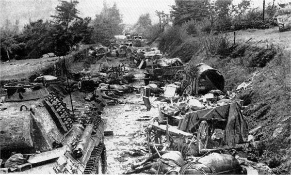 Zniszczona niemiecka kolumna na "psim polu", po bitwie o Mont Ormel (wzgórze 262).
