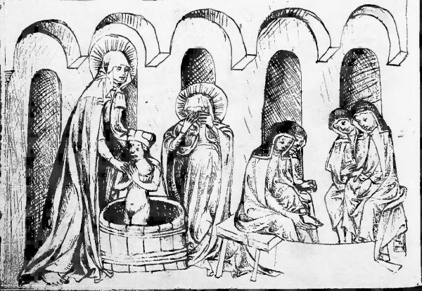 Święta Jadwiga śląska nie tylko sama stosowała przerażające praktyki higieniczne, ale i przeprowadzała je na własnym wnuku Bolesławie, i to na oczach synowej. Na ilustracji XV-wieczna miniatura.