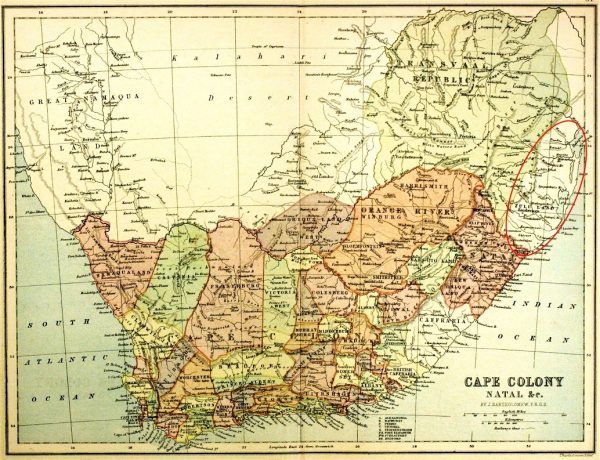 Królestwo Zulusów na mapie z 1876 roku.