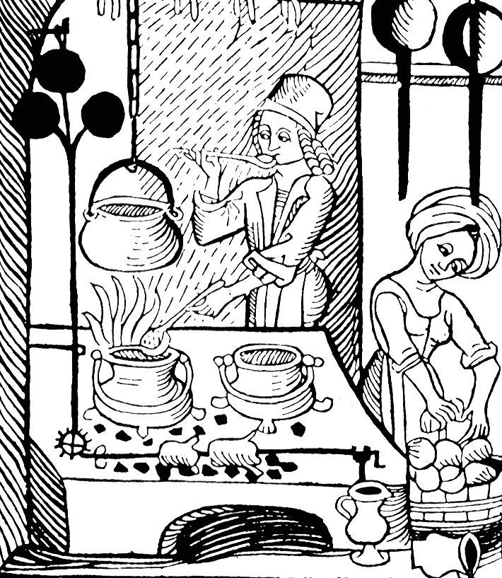 Czyżby gotowano tu barszcz? Nawet jeśli, to na pewno nie z buraków! Drzeworyt pochodzi z „Kuchenmaistrey”, opublikowanej w 1485 roku pierwszej książki kucharskiej wydrukowanej w Niemczech.