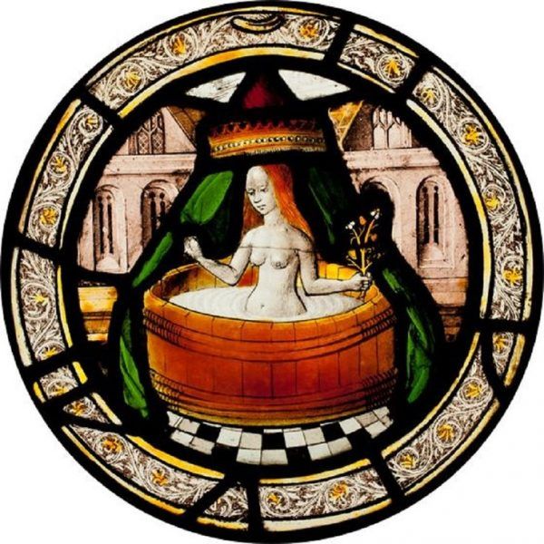 Kąpiel w balii pod baldachim. Angielska mozaika z początków XVI wieku.