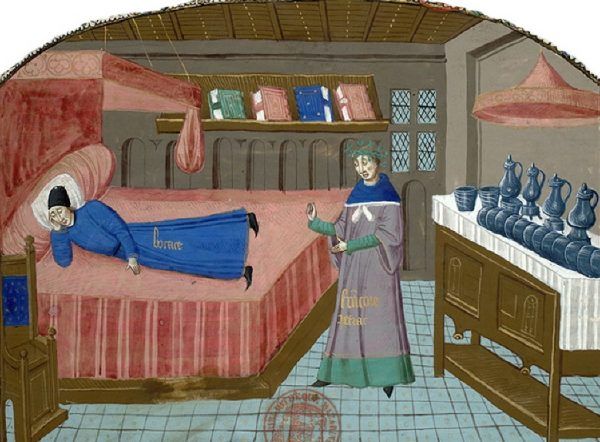 Średniowieczne łoże - wygodne i komfortowe. Miniatura z "Cas des nobles hommes et femmes", ok. 1470-1480 roku.