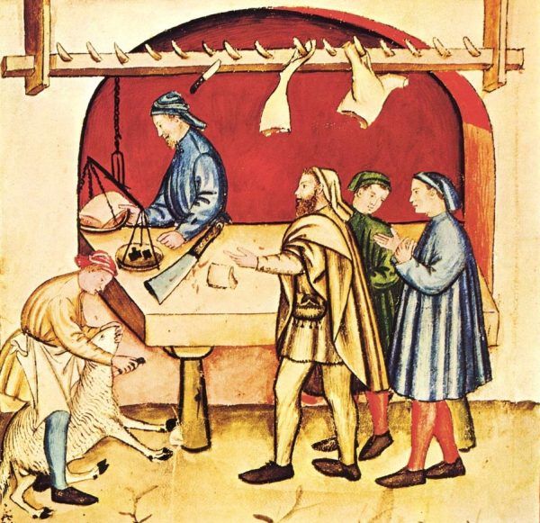 W średniowiecznym mięsnym nie sposób było dostać piersi z indyka. Ilustracja z XIV-wiecznego podręcznika zdrowego stylu życia "Tacuinum sanitatis".
