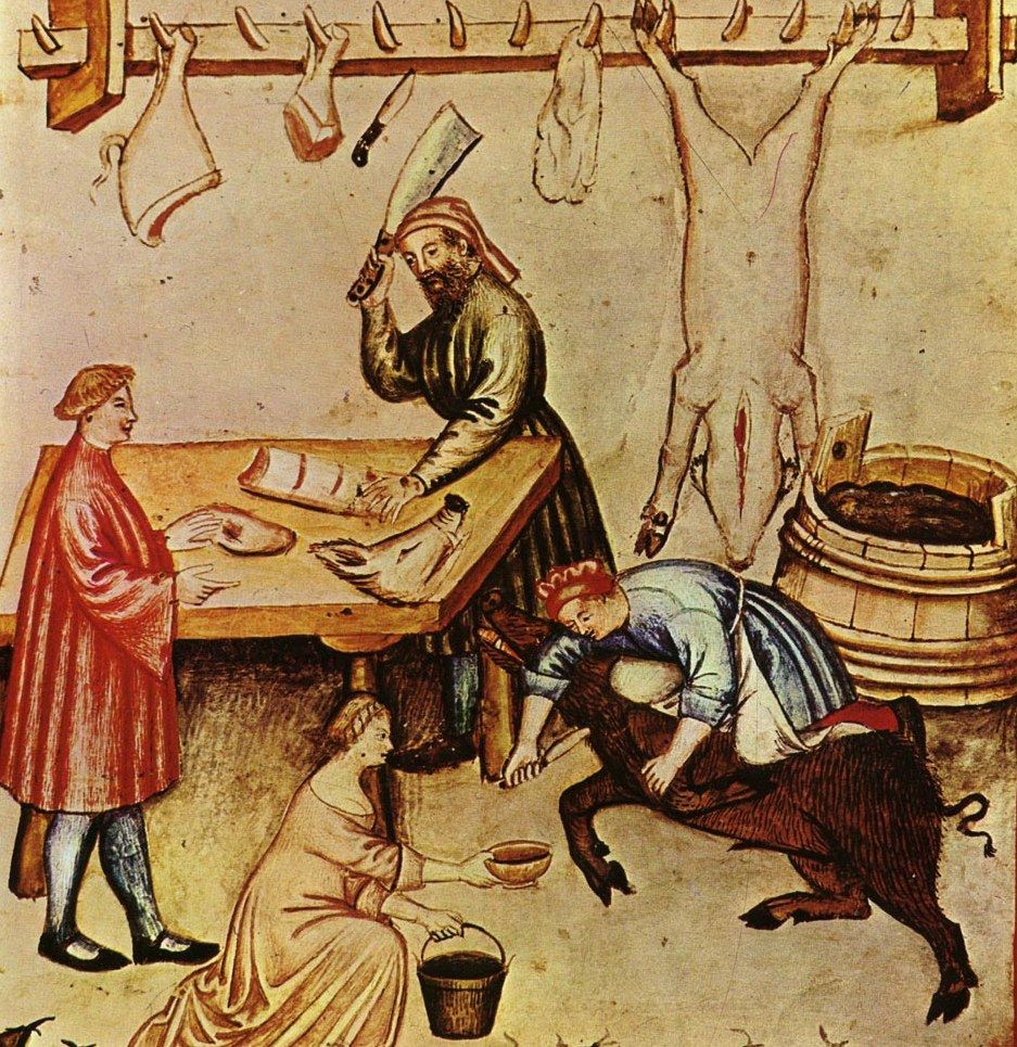 Wieprzowinę w średniowieczu jedzono, choć niezbyt ceniono. I nie w formie schaboszczaka! Ilustracja z XIV-wiecznego podręcznika zdrowego stylu życia "Tacuinum sanitatis".