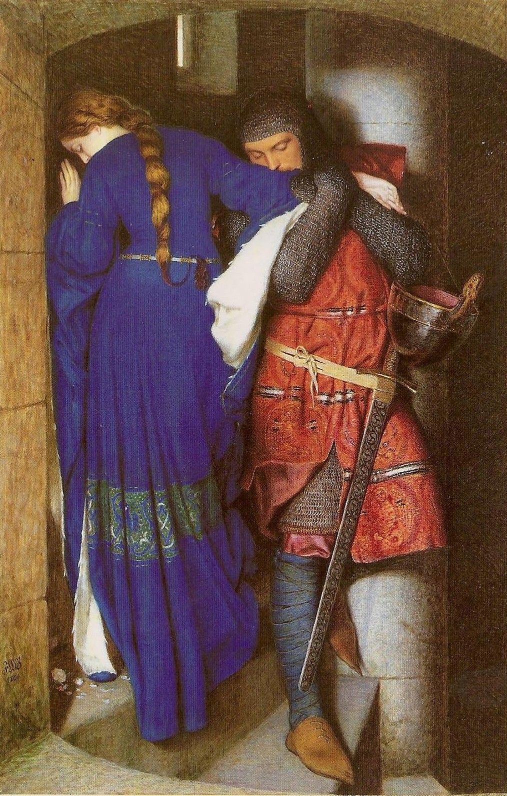 Merlin ostrzegał Artura, że "biała uwodzicielka" zdradzi go z najlepszym z jego rycerzy. Obraz Fredericka Williama Burtona "Hellelil i Hildebrand, spotkanie na schodach wieży", 1864 r.