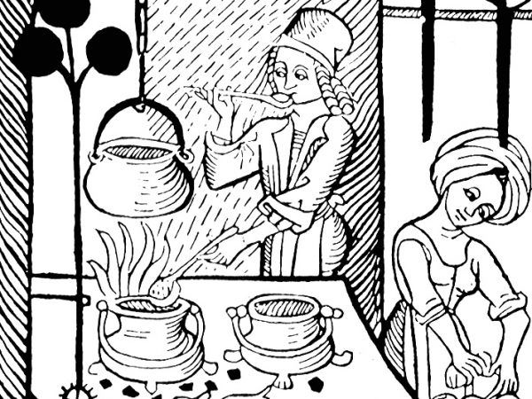 Czyżby gotowano tu barszcz? Nawet jeśli, to na pewno nie z buraków! Drzeworyt pochodzi z „Kuchenmaistrey”, opublikowanej w 1485 roku pierwszej książki kucharskiej wydrukowanej w Niemczech.
