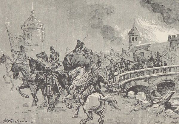 Chrobry był mistrzem forteli. Potrafił zaskoczyć wroga w najmniej oczekiwanym dla niego momencie. Na ilustracji XIX-wieczne wyobrażenie drużyny Chrobrego w akcji.