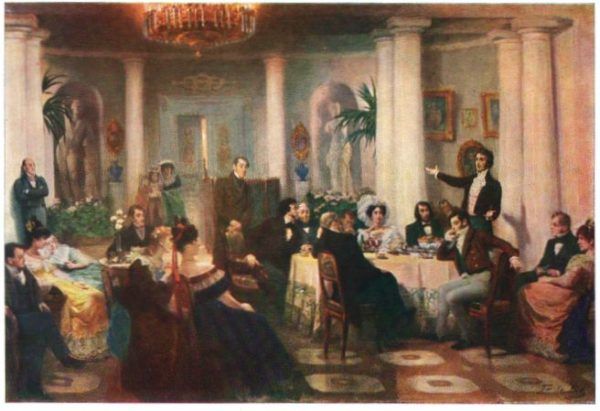 Grigorij Miasojedow uwiecznił na obrazie polskiego poetę podczas jednego z improwizatorskich natchnień. Przeżywać je miał Mickiewicz pod koniec życia głównie za sprawą Xawery Deybel, która następnie skłóciła go z braćmi w Kole.