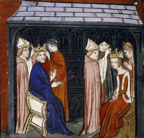 Koronacja króla i królowej na francuskiej miniaturze z XIV wieku.