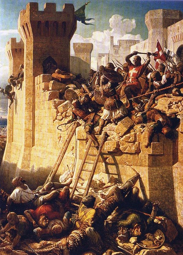"Oblężenie Akry". Mistrz zakonu joannitów Mathieu de Clermont broni murów miasta.