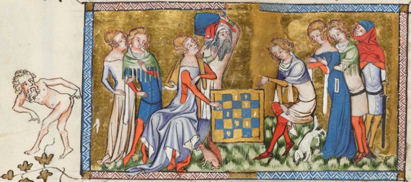 Pan po lewej pokazuje, ile warta jest taka gra. Jacques de Longuyon, "Les Voeux des Paon", Belgia, ok. 1350 r.