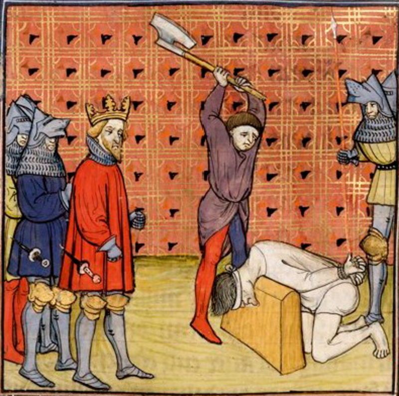 Profesja kata nie należała może do najprzyjemniejszych, niemniej jednak stanowił on nieodłączny element miejskiej społeczności. Ilustracja z XIV-wiecznego manuskryptu "Chroniques de France ou de St Denis".