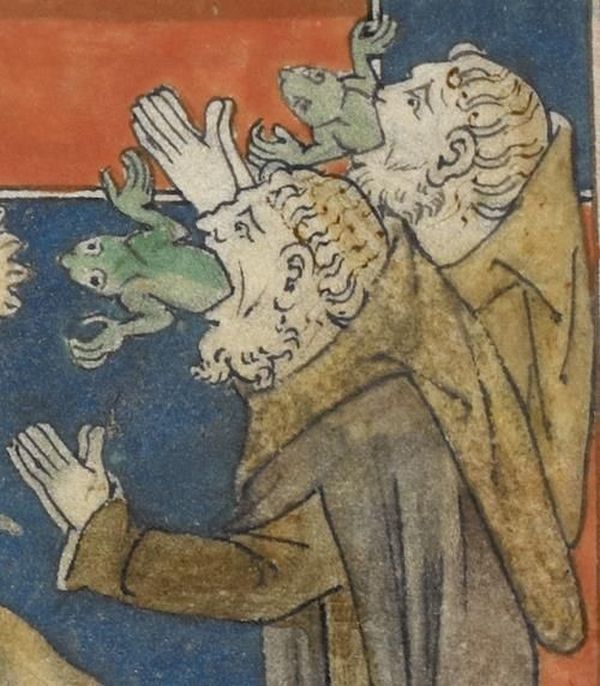 Żaby też nie wiedzą, o co chodzi. Apokalipsa Królowej Marii, Anglia, XIV wiek, zbiory British Library.