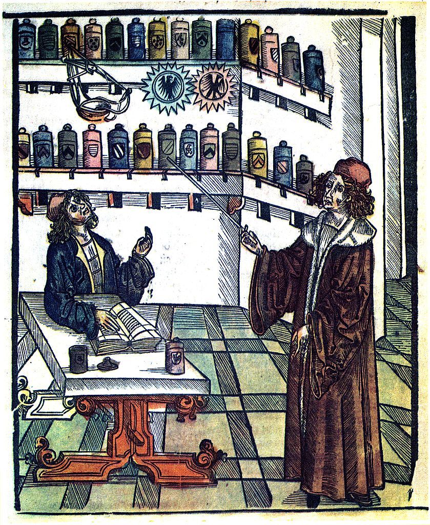 "Doktor i aptekarz", ilustracja z "Medicinariusa" Hieronymusa Brunschwiga.