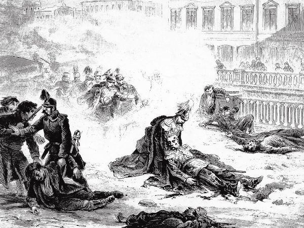 Grafika Gustava Brolinga przedstawiająca siódmy - udany - zamach na Aleksandra II.
