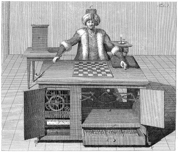Tak zwany "Mechaniczny Turek" był jedną z największych osiemnastowiecznych mistyfikacji, której autorem był Wolfgang von Kempelen. Rzekomo była to maszyna mistrzowsko rozgrywająca partię szachów. W rzeczywistości w jej wnętrzu ukryty był szachista sterujący wszystkimi ruchami.