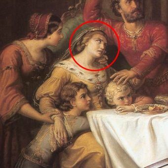 Elżbieta Łokietkówna wraz z rodziną. Fragment obrazu "Gniew Felicjana Zacha" pędzla Somy Orlai-Petricha. Druga połowa XIX wieku.