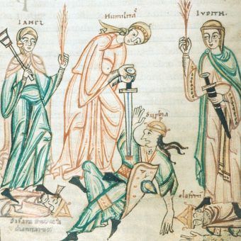 Kobiece ubiory z XI stulecia na niemieckim manuskrypcie ze zbiorów British Library.
