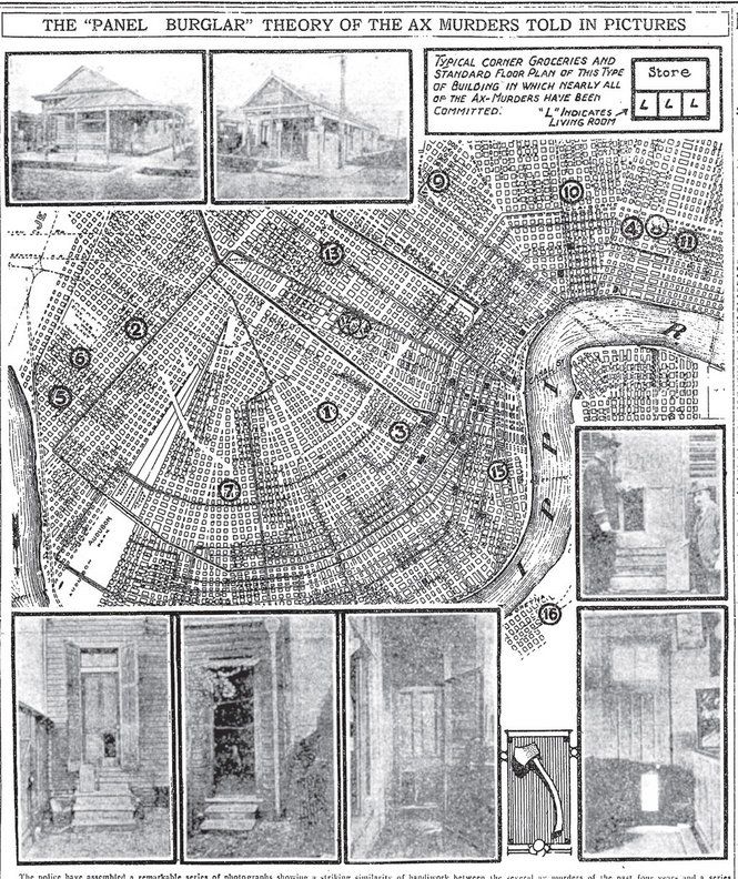 Miejsca ataków przypisywanych "katowi z Nowego Orleanu" naniesione na mapę miasta. Materiał prasowy z 1919 roku.