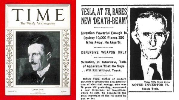 Nikola Tesla na okładce magazynu "Time" oraz poświęcony mu artykuł na pierwszej stronie "New York Timesa".