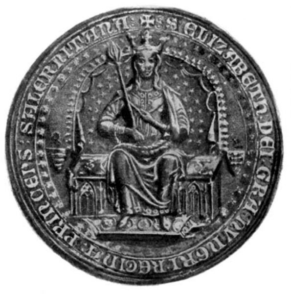 Elżbieta tronująca. Pieczęć królowej wykonana zaraz po jej koronacji. Ilustracja z książki "Damy polskiego imperium" Kamil Janickiego.