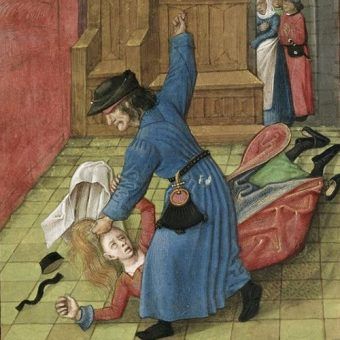 Maltretowana kobieta. Miniatura z kodeksu z późnośredniowiecznej Brugii