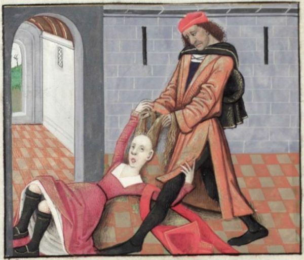 Poniewierana kobieta na średniowiecznej miniaturze