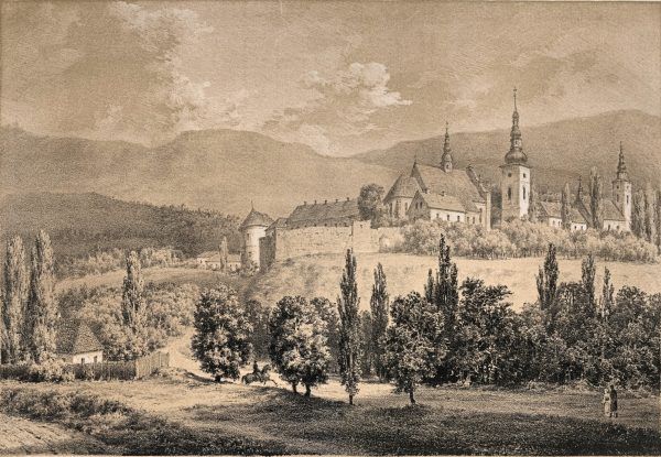 Panorama Starego Sącza z widocznym klasztorem klarysek. Rysunek Napoleona Ordy.