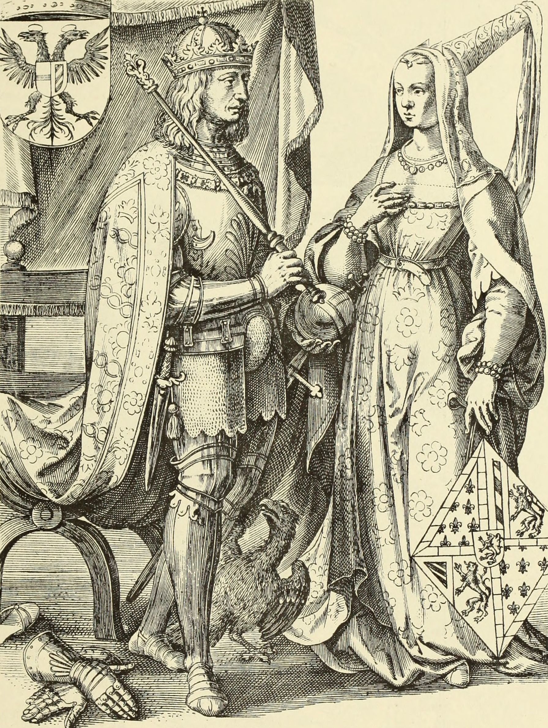 Maksymilian Habsburg i Maria Burgundzka na litografii z publikacji braci Hymans "Bruxelles à travers les âges" z 1884 roku.