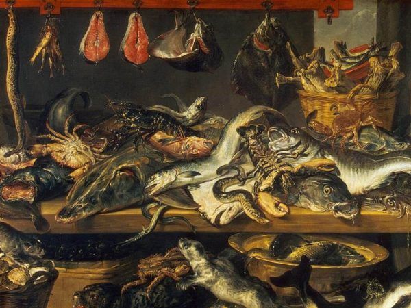 Na świątecznym magnackim stole nie mogło zabraknąć ryb. Fragment obrazu Fransa Snydersa "Targ Rybny" z lat 20. XVII wieku.