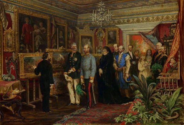 Władcę można było spotkać nie tylko podczas jego pobytów w Galicji, ale też na codziennych audiencjach w Wiedniu. Obraz Juliusza Kossaka, zatytułowany "Wizyta cesarza Franciszka Józefa w domu Jana Matejki" z 1881 roku.