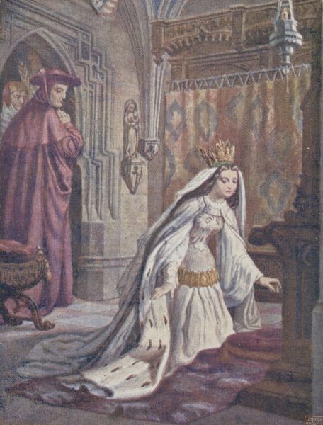 "Królowa Jadwiga przed wyjściem do ślubu". Ilustracja z pierwszej połowy XX wieku