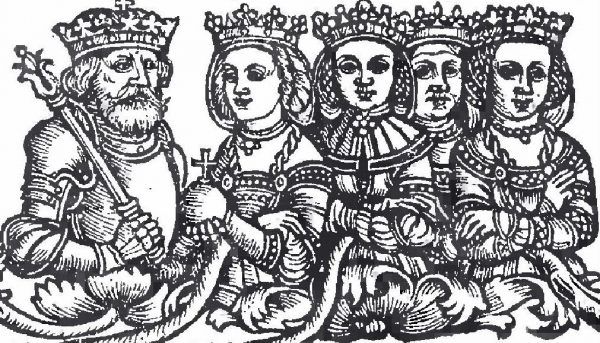Władysław Jagiełło i jego żony. Jako pierwszą od lewej widać Jadwigę - przedstawioną schematyczne, w renesansowej sukni.