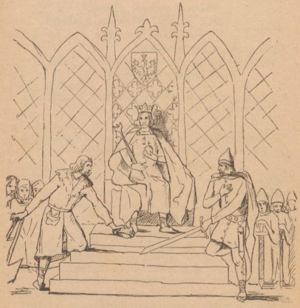 Łokietek na tronie. Rysunek z książki pt. Łokietek w górach Ojcowa wydanej w 1918 roku.