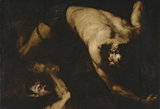 Król Iksjon na XVII-wiecznym obrazie José Ribery. To właśnie teatralna parodia mitu o człowieku, który jako pierwszy zamordował swojego krewnego dała początek innemu mitowi - głupiej blondynki.