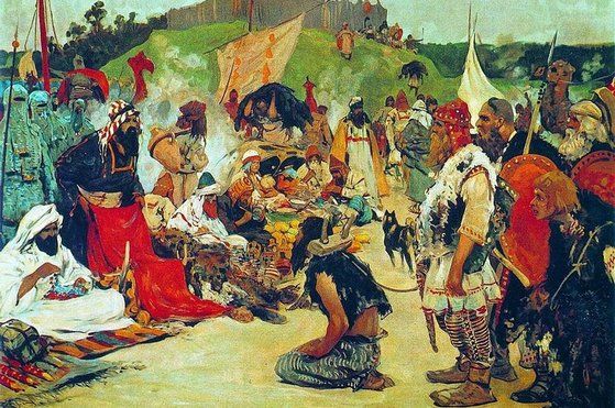 Około 960 roku w samej tylko Kordobie mieszkało aż 13 tysięcy Słowian. Ich gros stanowili niewolnicy. Na ilustracji obraz Siergieja Wasiljewicza Iwanowa przedstawiający handel słowiańskimi niewolnikami.