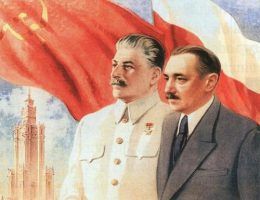 Bierut i Stalin z Pałacem Kultury w tle (fragment plakatu propagandowego z czasów PRL-u).