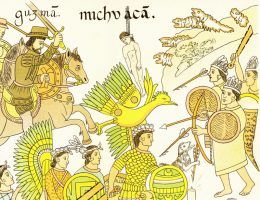 Zwycięstwo Cortésa nie byłoby możliwe bez wsparcia miejscowych Indian. Na ilustracji Tlaxcalanie i Hiszpanie walczą z Aztekami (trzymają charakterystyczne płaskie maczugi).