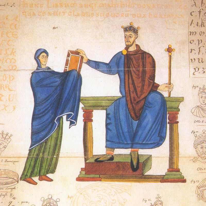 Księżna Matylda wręcza księgę liturgiczną Mieszkowi II (1000–1025 r.)