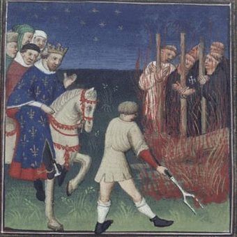 Tak moment spalenia templariuszy i obłożenia ich prześladowców klątwą wyobrażał sobie autor miniatury z "Maître de Bedford" ok. 1415 roku (źródło: domena publiczna). Tak moment spalenia templariuszy i obłożenia ich prześladowców klątwą wyobrażał sobie autor miniatury z "Maître de Bedford" ok. 1415 roku (źródło: domena publiczna).