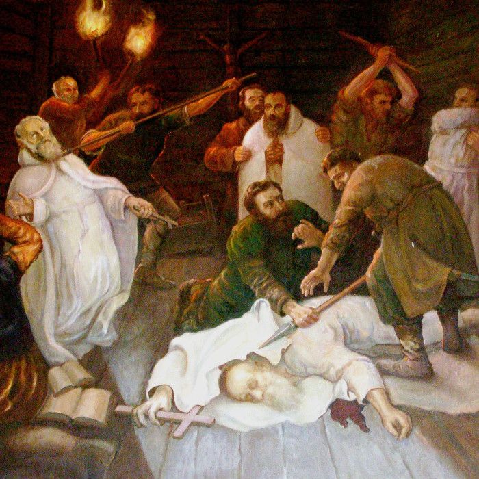Zabójstwo pięciu braci męczenników na obrazie w kościele opactwa kamedułów w Bieniszewie (fot. Albertus teolog, domena publiczna).