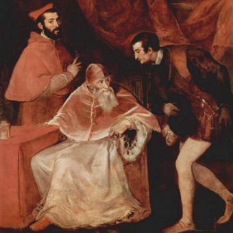 Papież Paweł III ze swoimi dwoma wnukami - kardynałem Aleksandrem i księciem Oktawianem na obrazie Tycjana (źródło: domena publiczna). Papież Paweł III ze swoimi dwoma wnukami - kardynałem Aleksandrem i księciem Oktawianem na obrazie Tycjana (źródło: domena publiczna).
